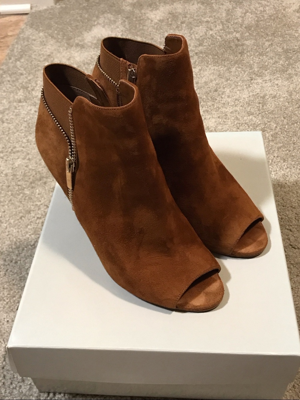 Preowned Marc Fisher Brown Suede Peep-Toe Ankle Boots with Side Zip -8W in box